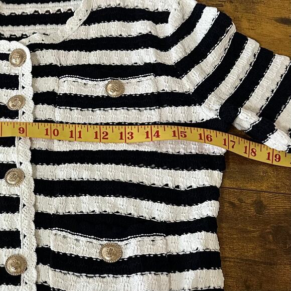 Maje Striped Crochet-Effect Cardigan Navy Ecru - Picture 15 of 16